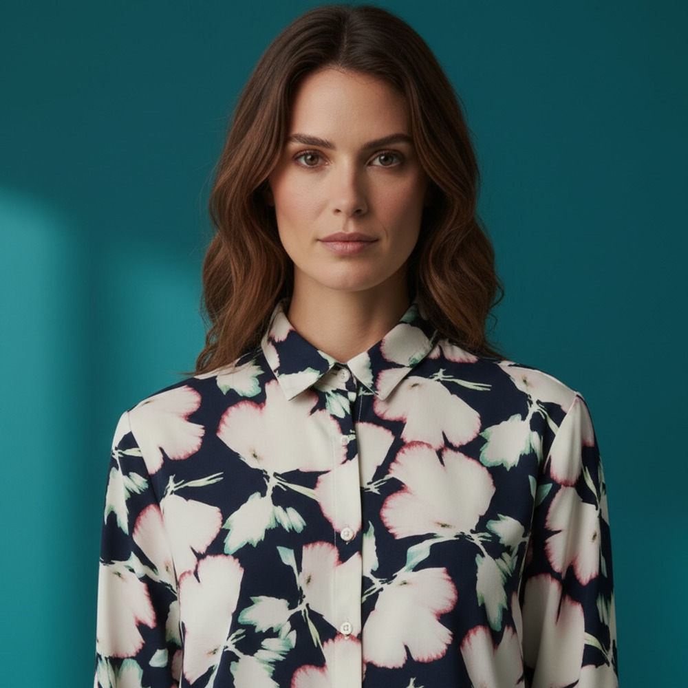 Banana Republic Dillon Shirt Size L Navy Pink Floral Print Long Sleeve Blouse